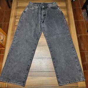White Fox Black Denim Wide Leg Jeans w/ Front Studs - Size Large